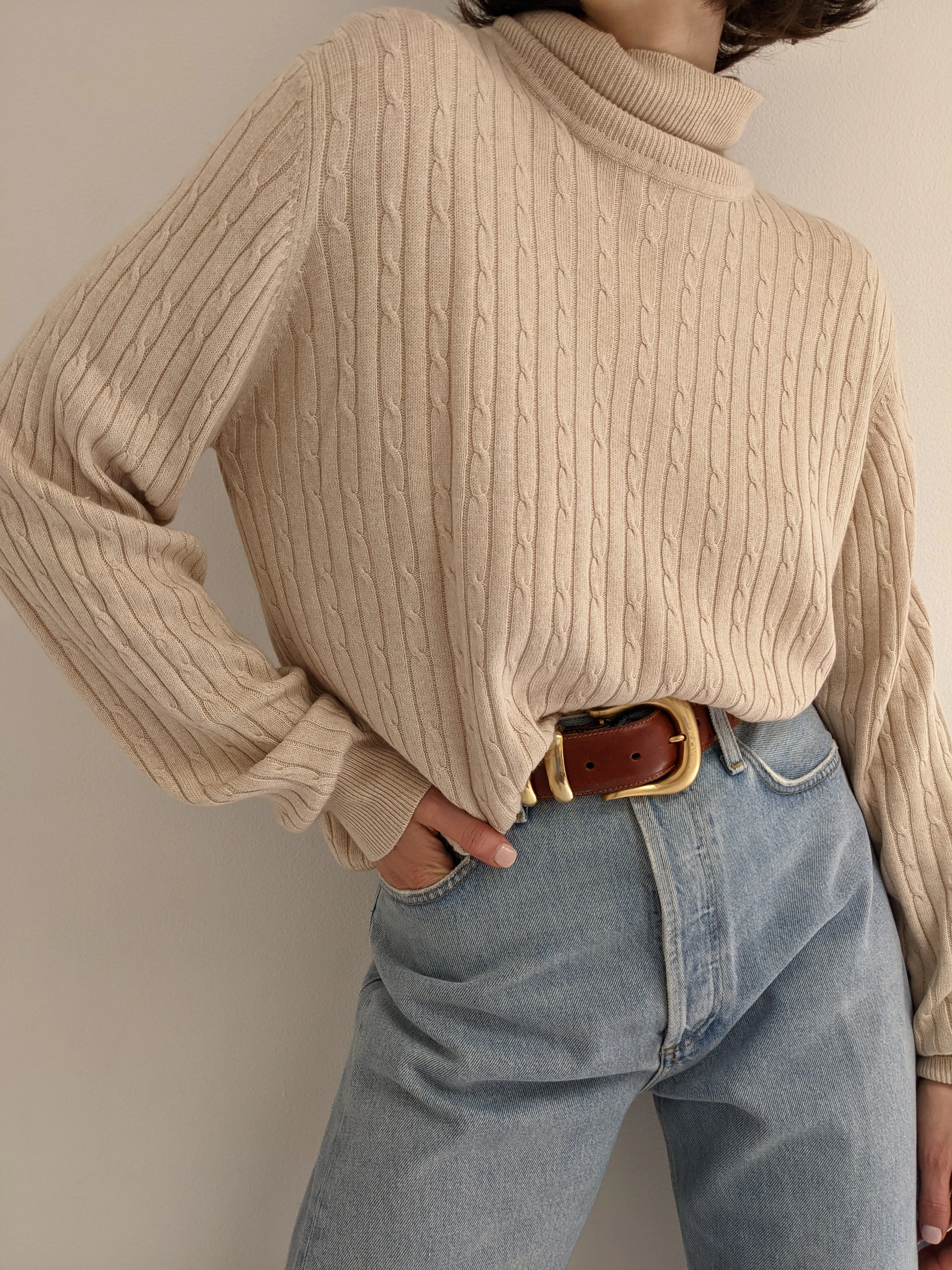 Vintage Wheat Silk & Cashmere Cable Knit Turtleneck