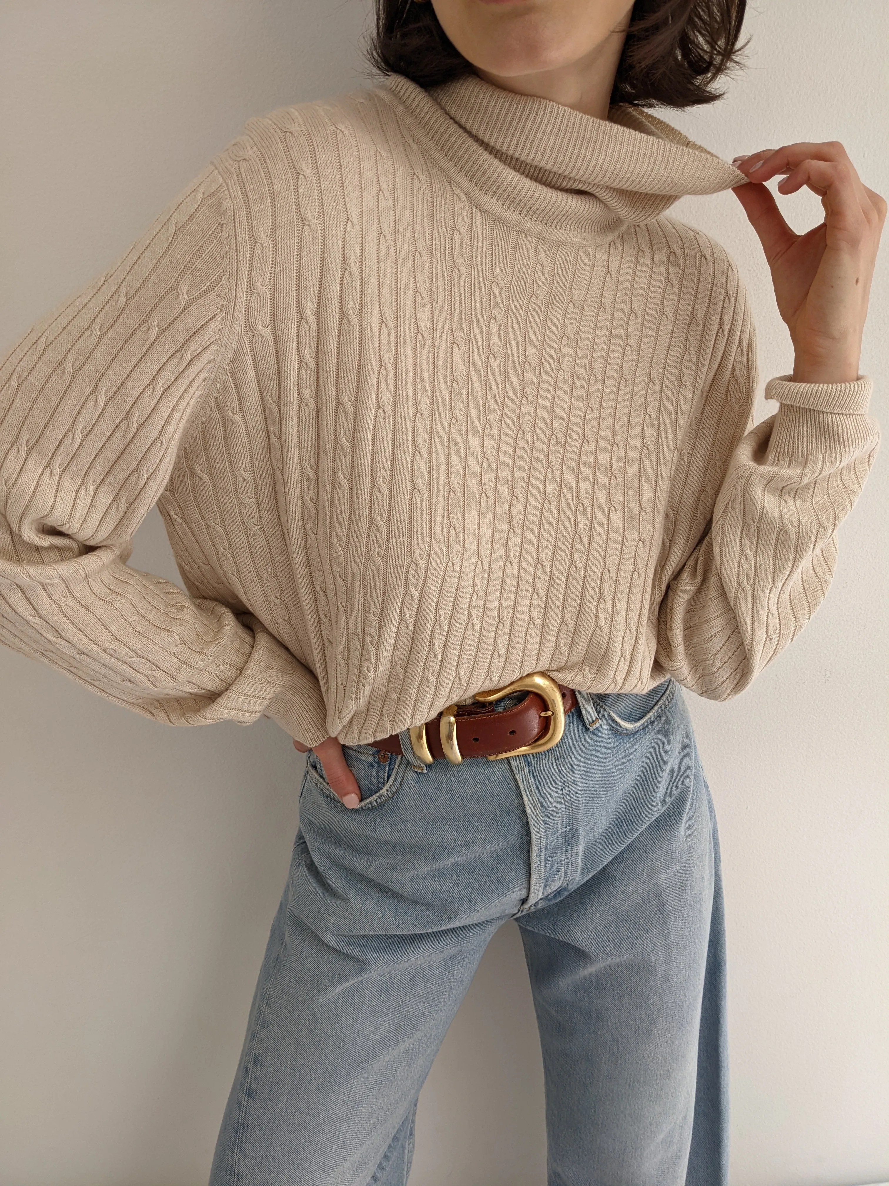 Vintage Wheat Silk & Cashmere Cable Knit Turtleneck