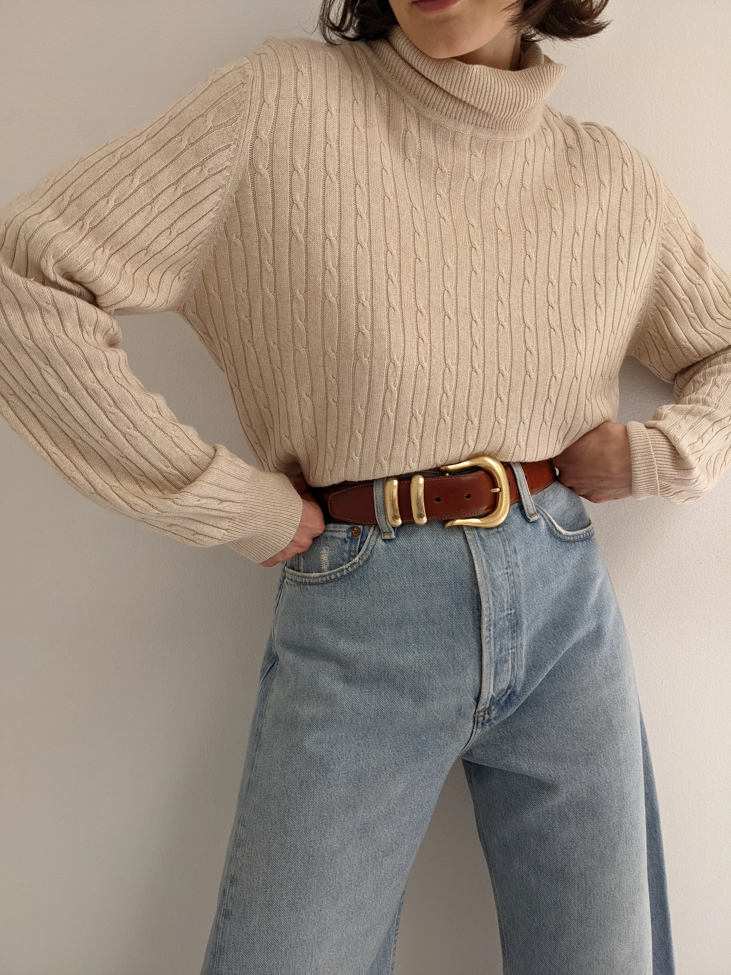 Vintage Wheat Silk & Cashmere Cable Knit Turtleneck