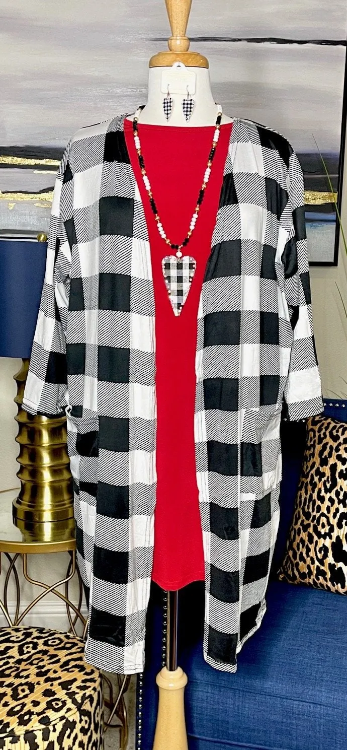 White Black  Plaid Straight Front Cardigan With Pockets