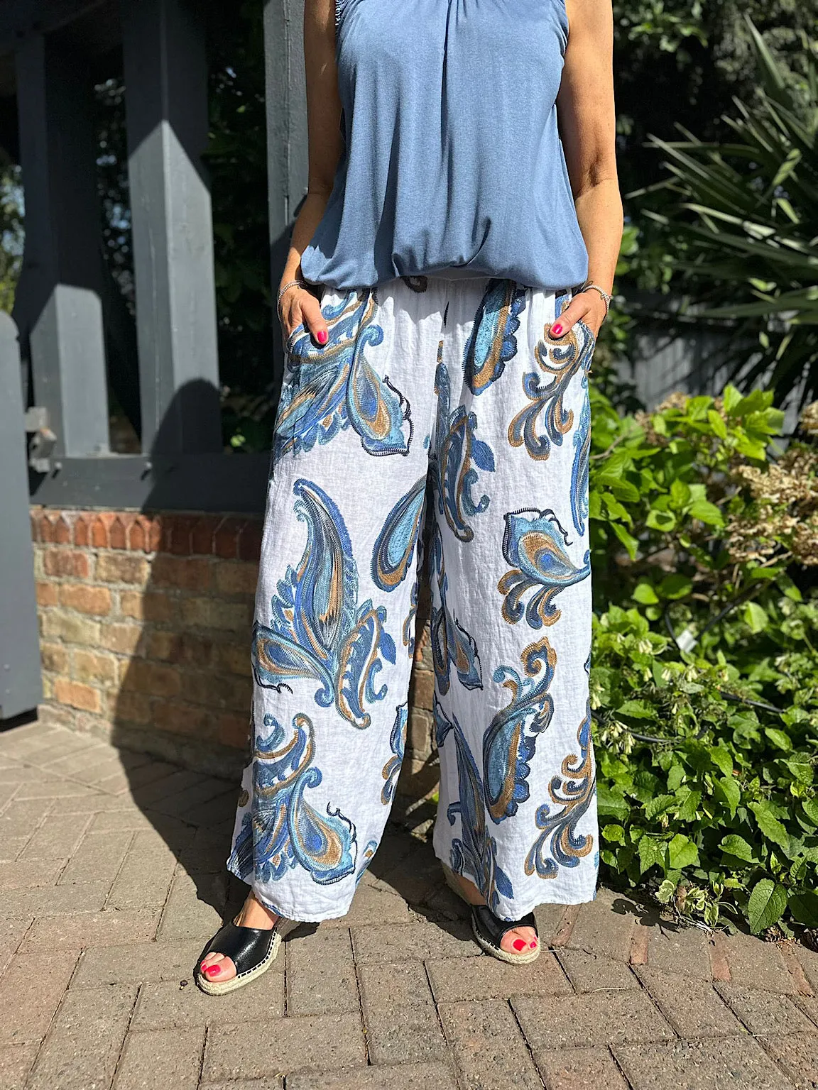 White Linen Sketched Paisley Wide Leg Trousers