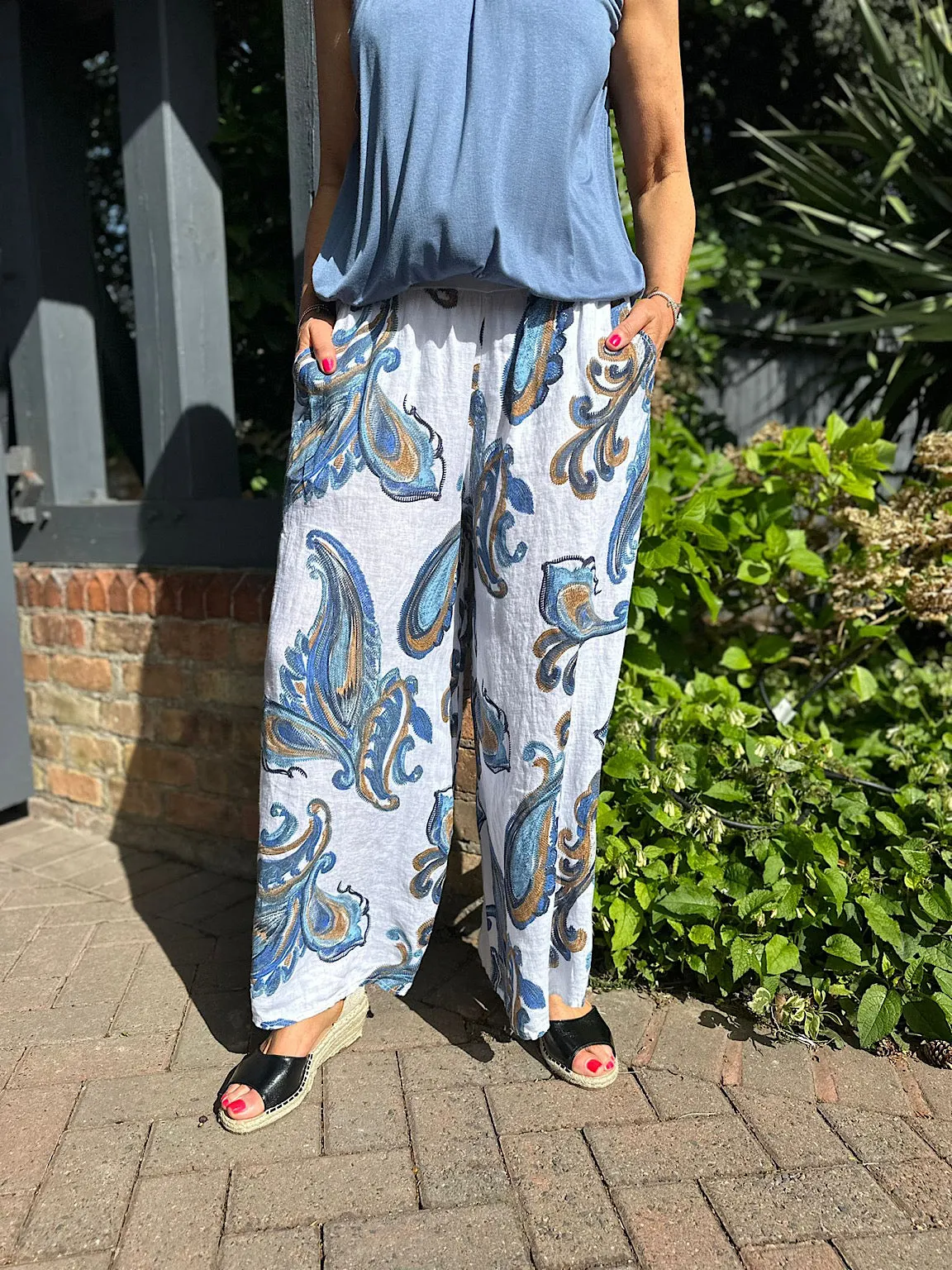 White Linen Sketched Paisley Wide Leg Trousers