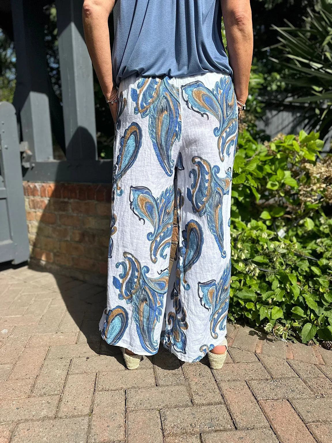 White Linen Sketched Paisley Wide Leg Trousers