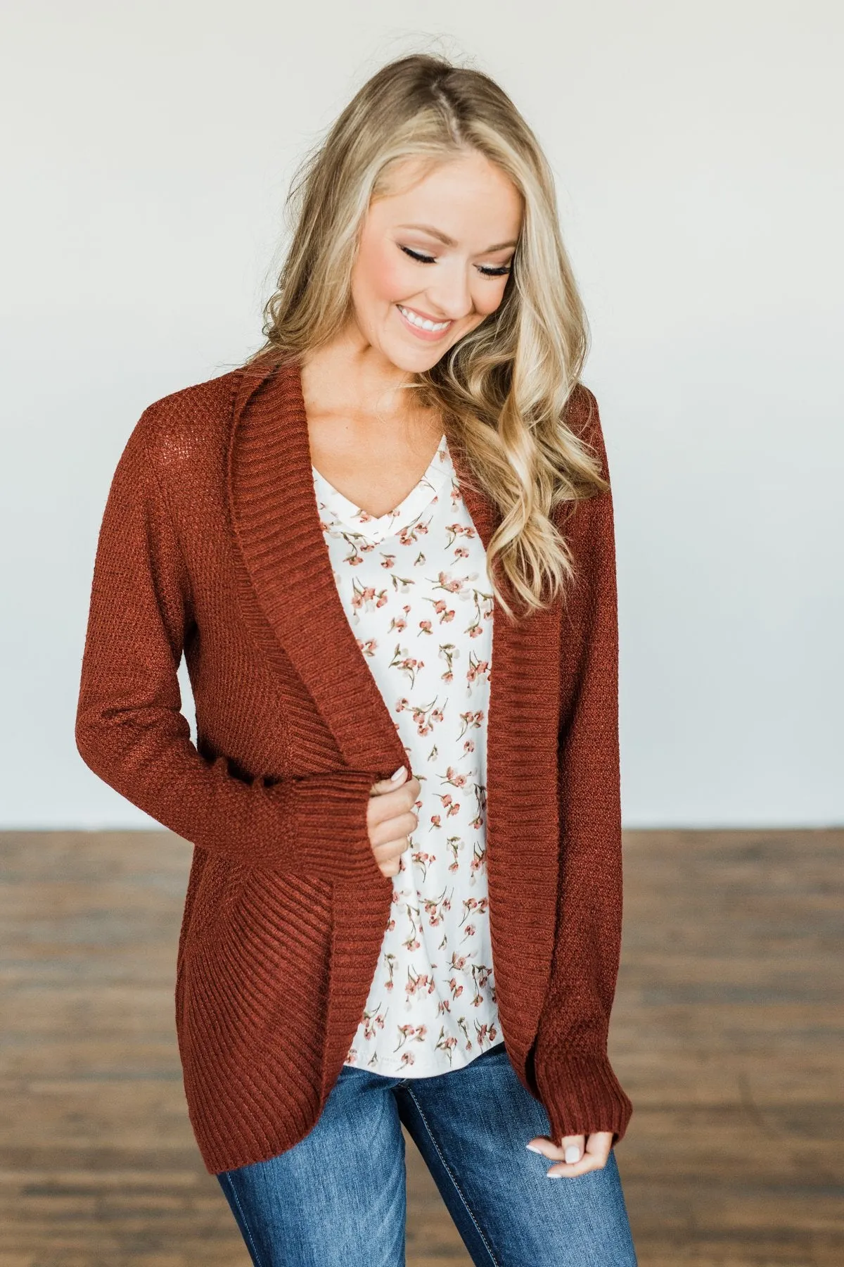 Wish You Well Knit Drape Cardigan- Dark Brick