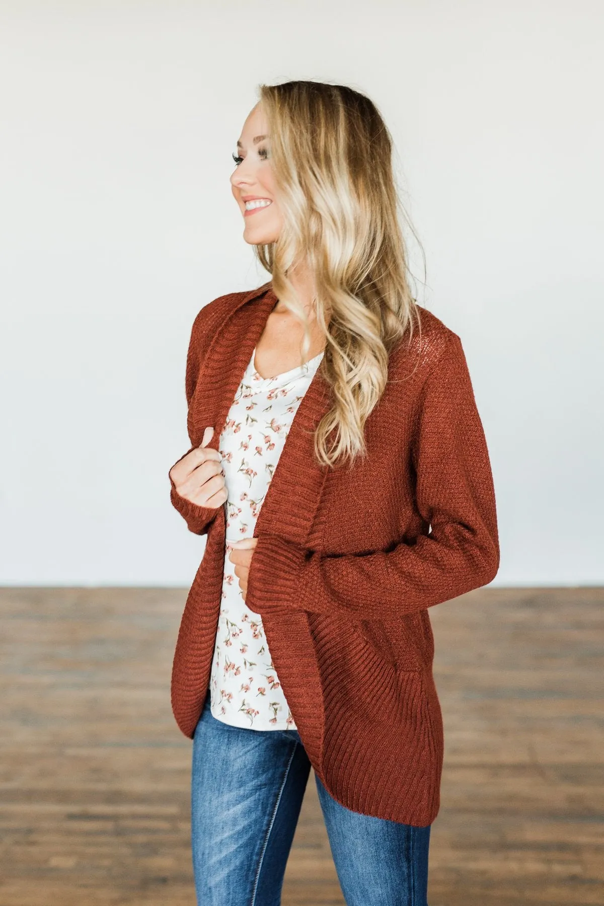 Wish You Well Knit Drape Cardigan- Dark Brick