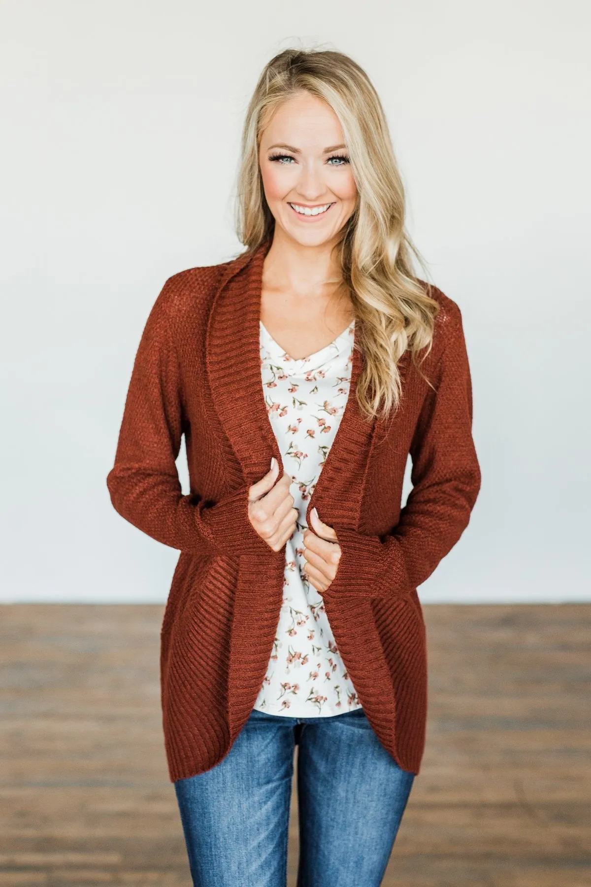 Wish You Well Knit Drape Cardigan- Dark Brick