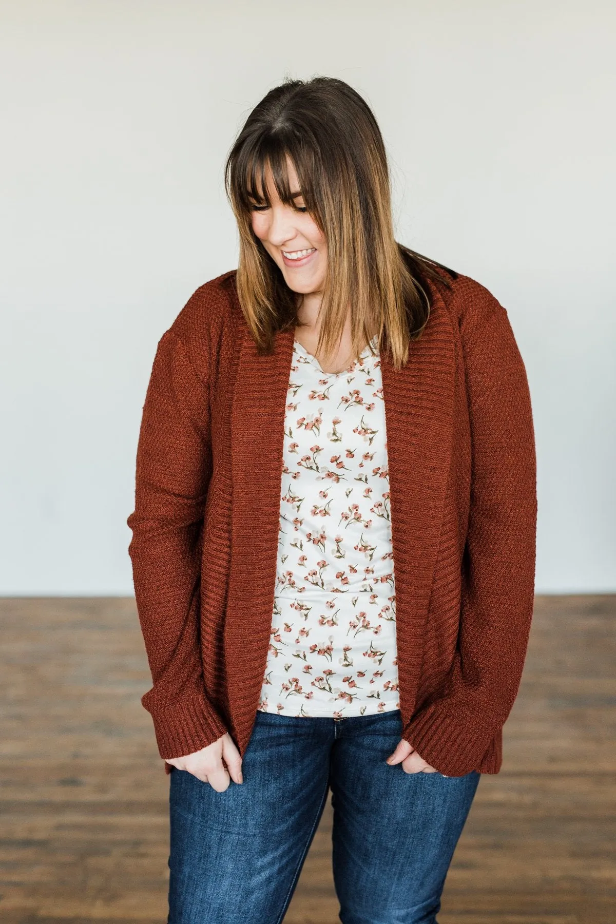 Wish You Well Knit Drape Cardigan- Dark Brick