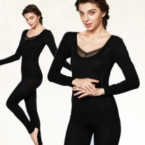 Women Lace V Neck Thermal Underwear Set Top and Pants Long Johns Sets Pajamas Sleepwear SM6