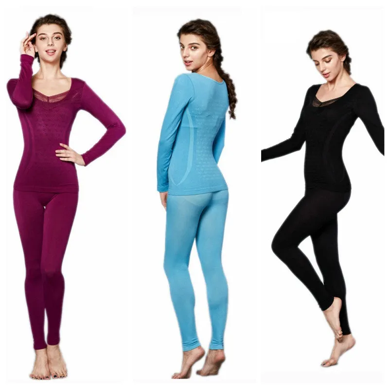 Women Lace V Neck Thermal Underwear Set Top and Pants Long Johns Sets Pajamas Sleepwear SM6