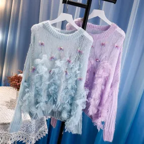 Women Long Sleeve O-Neck Thin Beading Sweet Floral Sweater Pullovers Streetwear