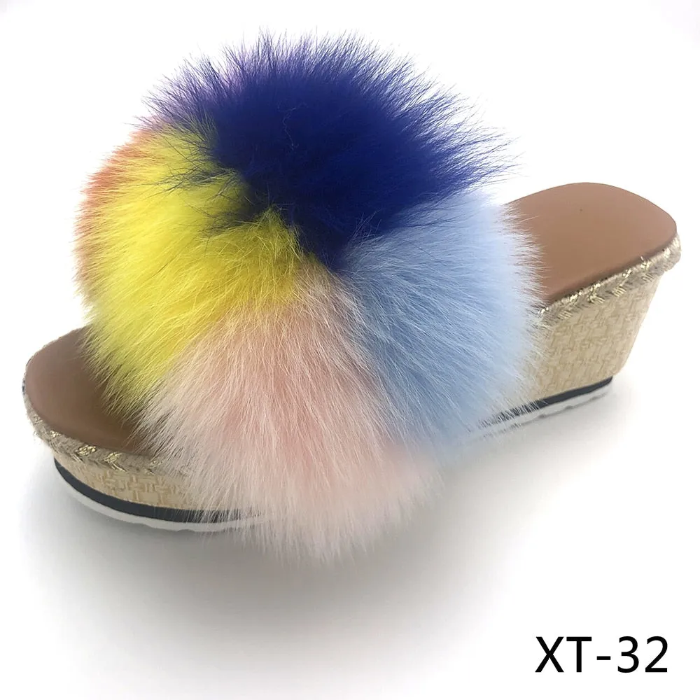 Women's Retro Style Real Fox Fur Wedges High Heel House Slippers