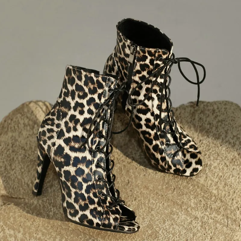 Women's Sexy Leopard Peep Toe Zipper High Heel Ankle Boot Shoes