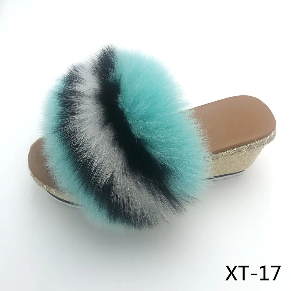 Women's Summer Real Fox Fur Wedges High Heel Indoor House Slippers