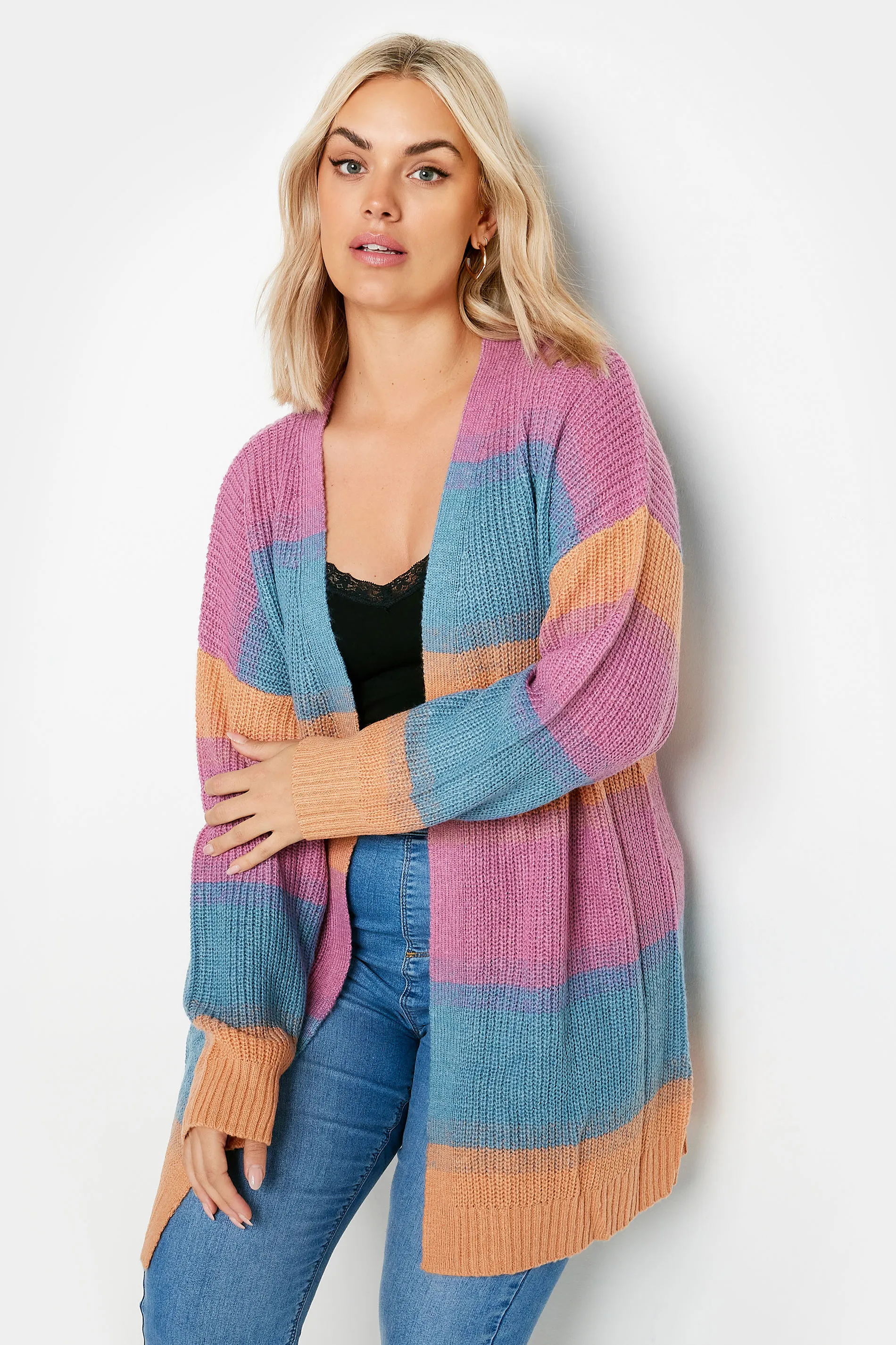 YOURS Curve Pink & Blue Ombre Stripe Knitted Cardigan