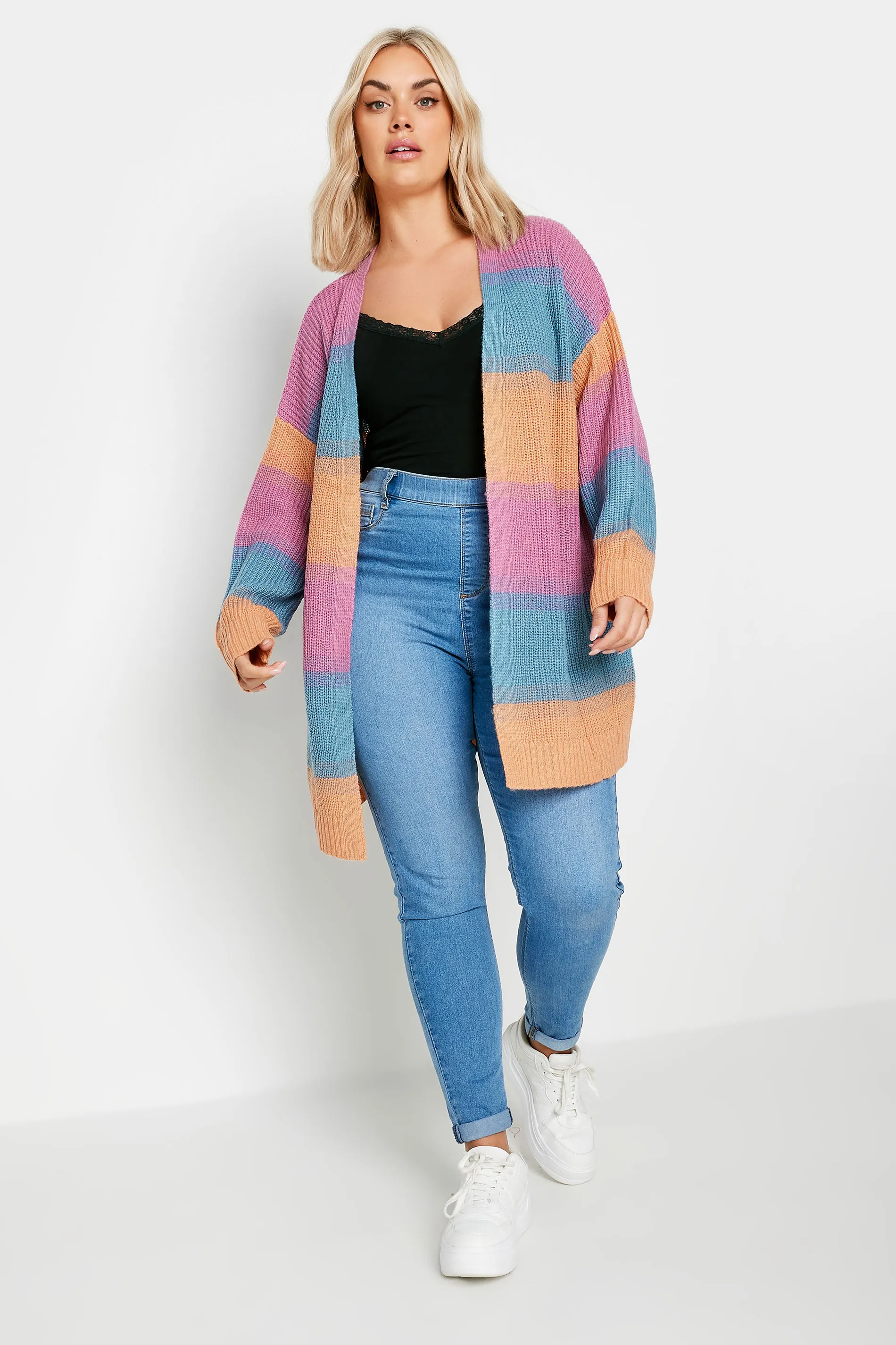 YOURS Curve Pink & Blue Ombre Stripe Knitted Cardigan