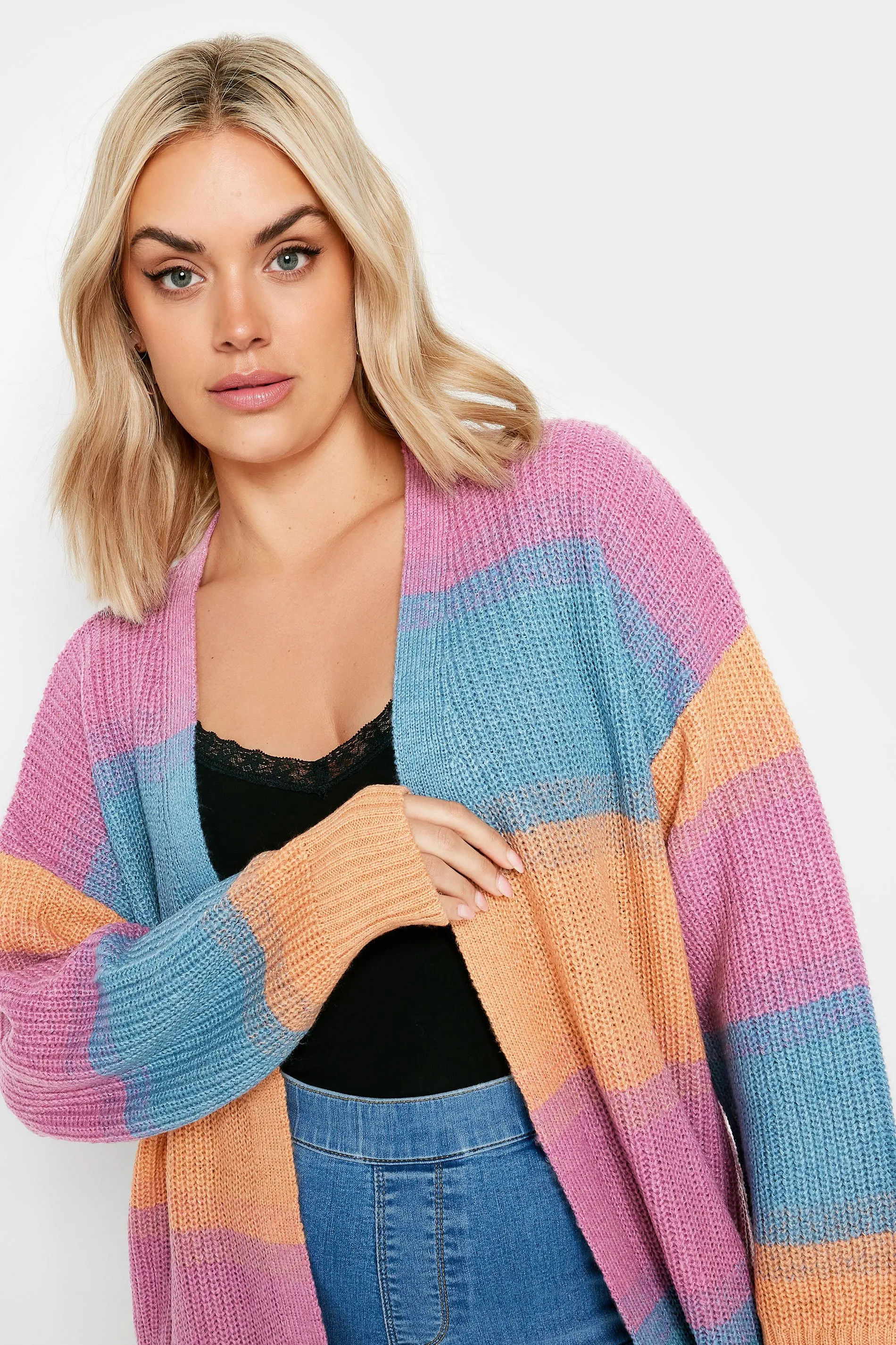 YOURS Curve Pink & Blue Ombre Stripe Knitted Cardigan