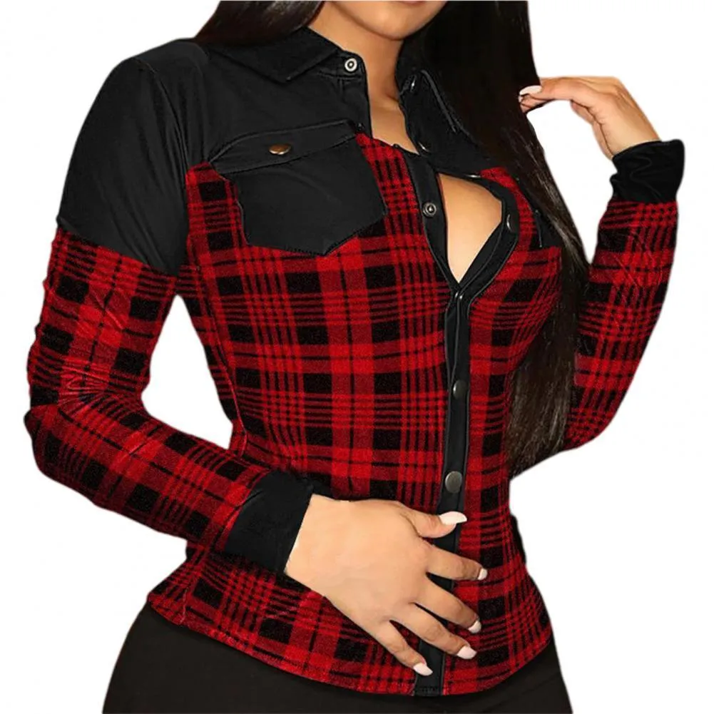 Zipper Plaid Print Shirt Solid Color Slim Faux Leather